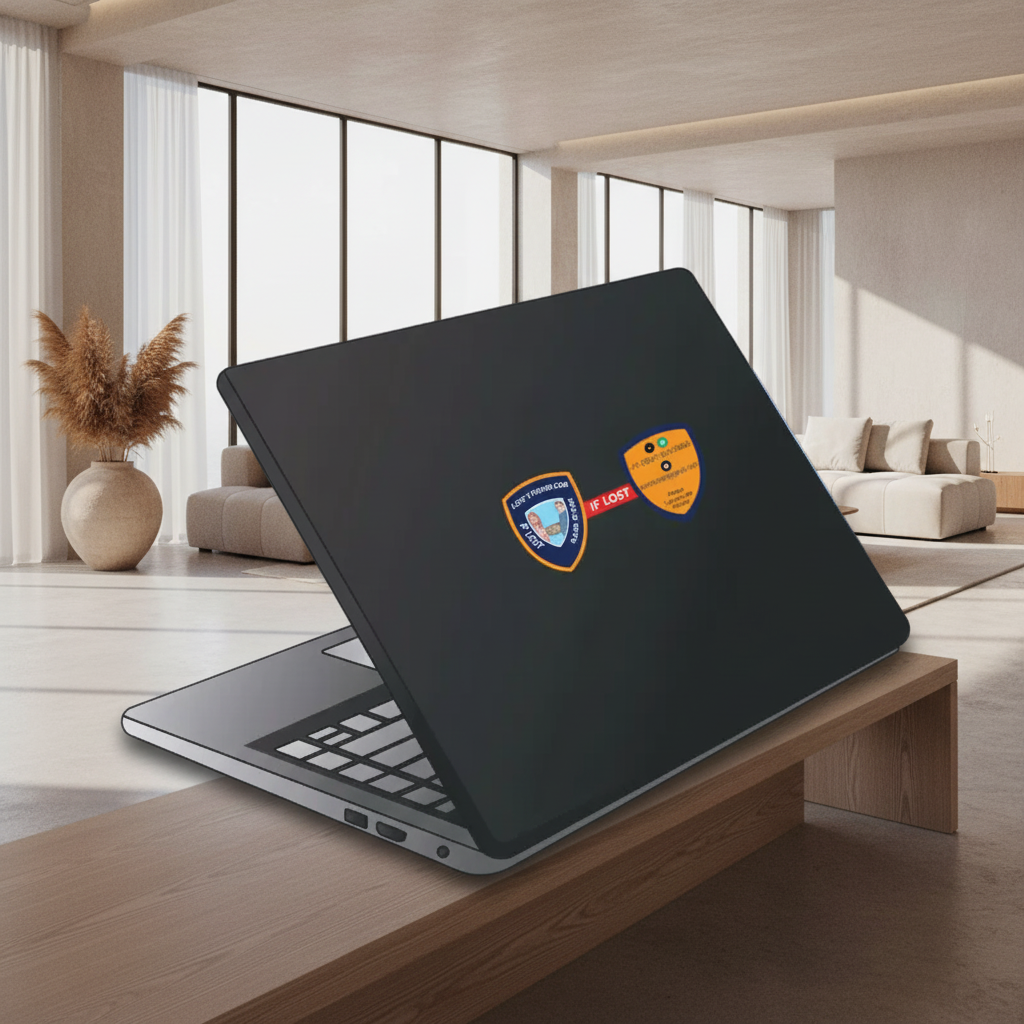 Black laptop with a logo on a beige background, featuring 'lost1found.com